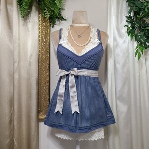 Cutest ♡ Y2K ♡ Hollister Blue & Silver Striped Babydoll Waist Tie Tank Top